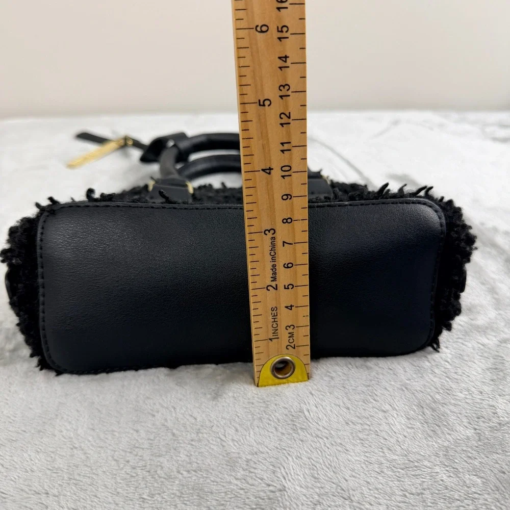 Steve Madden Black Faux Sherpa Mini Satchel Handbag Gold‎ Hardware